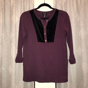 Plum purple with velvet black 3/4 sleeve blouse